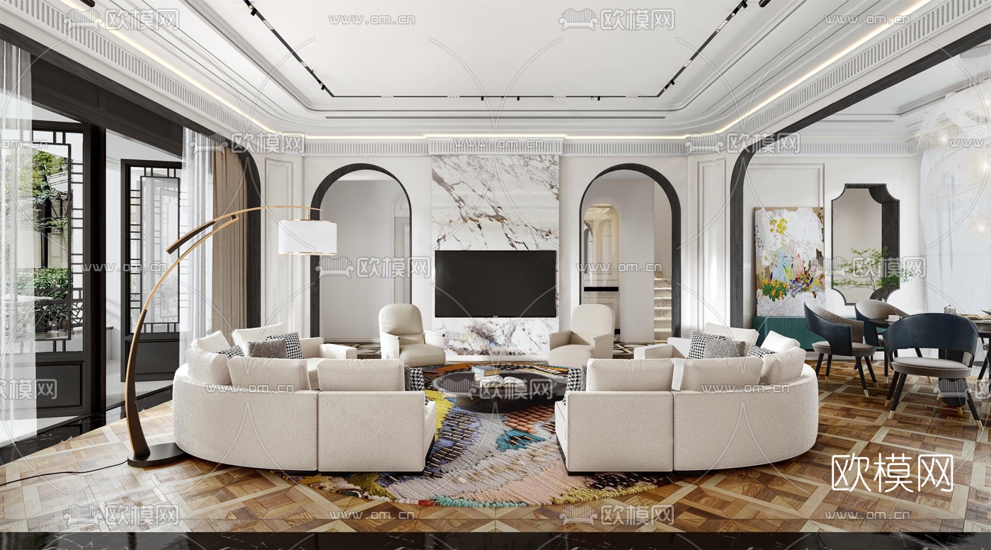美式客厅餐厅3d模型