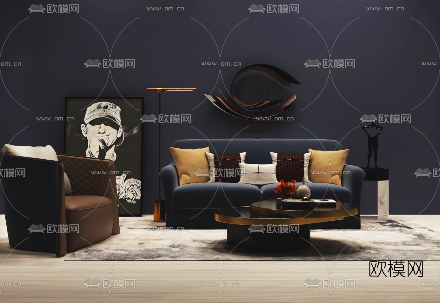 美式轻奢布艺沙发组合3d模型