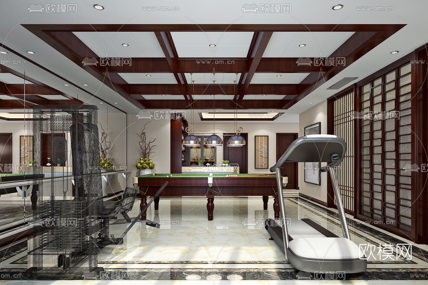 新中式娱乐室桌球室3D模型下载