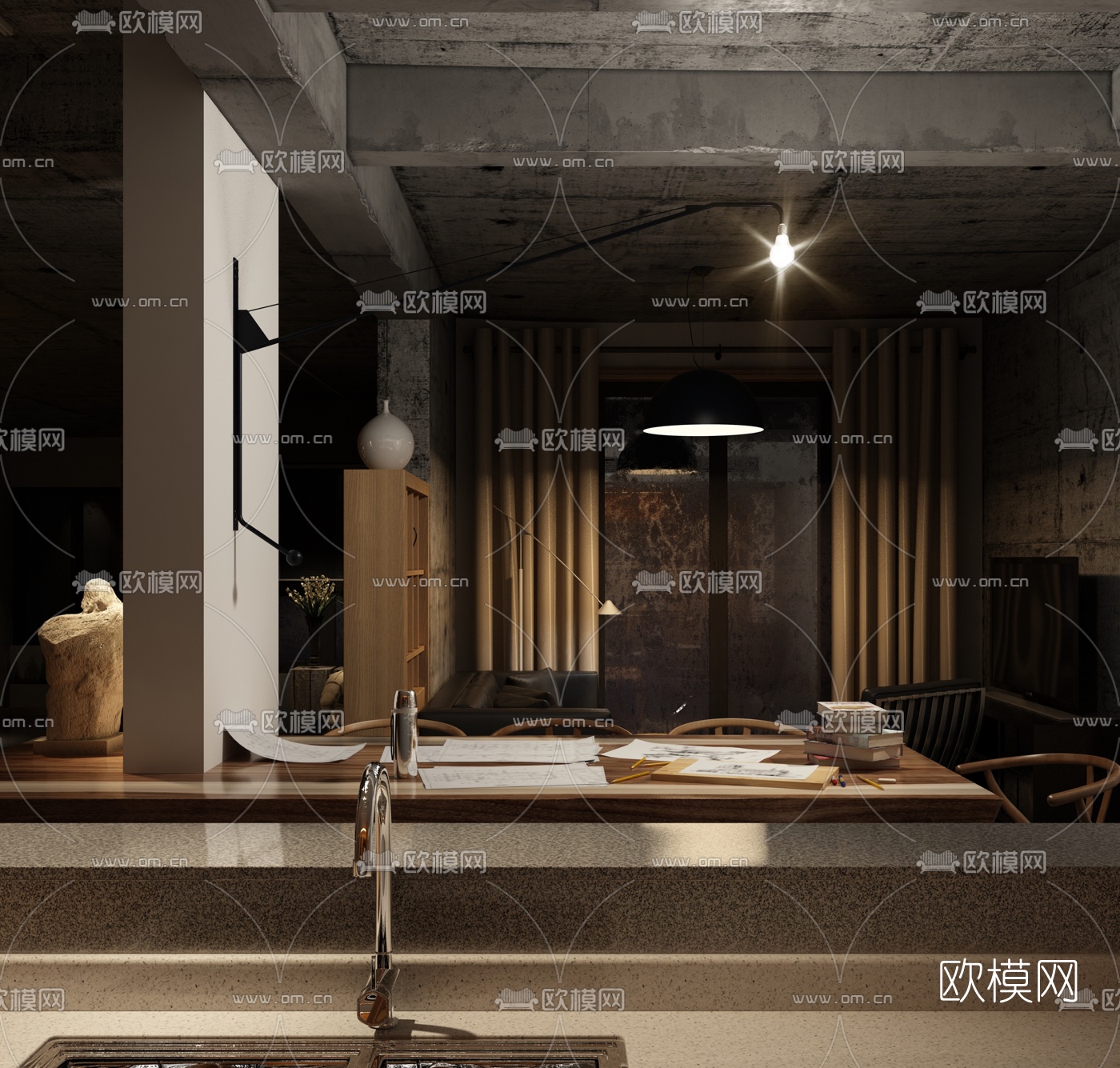 新中式客厅餐厅3d模型