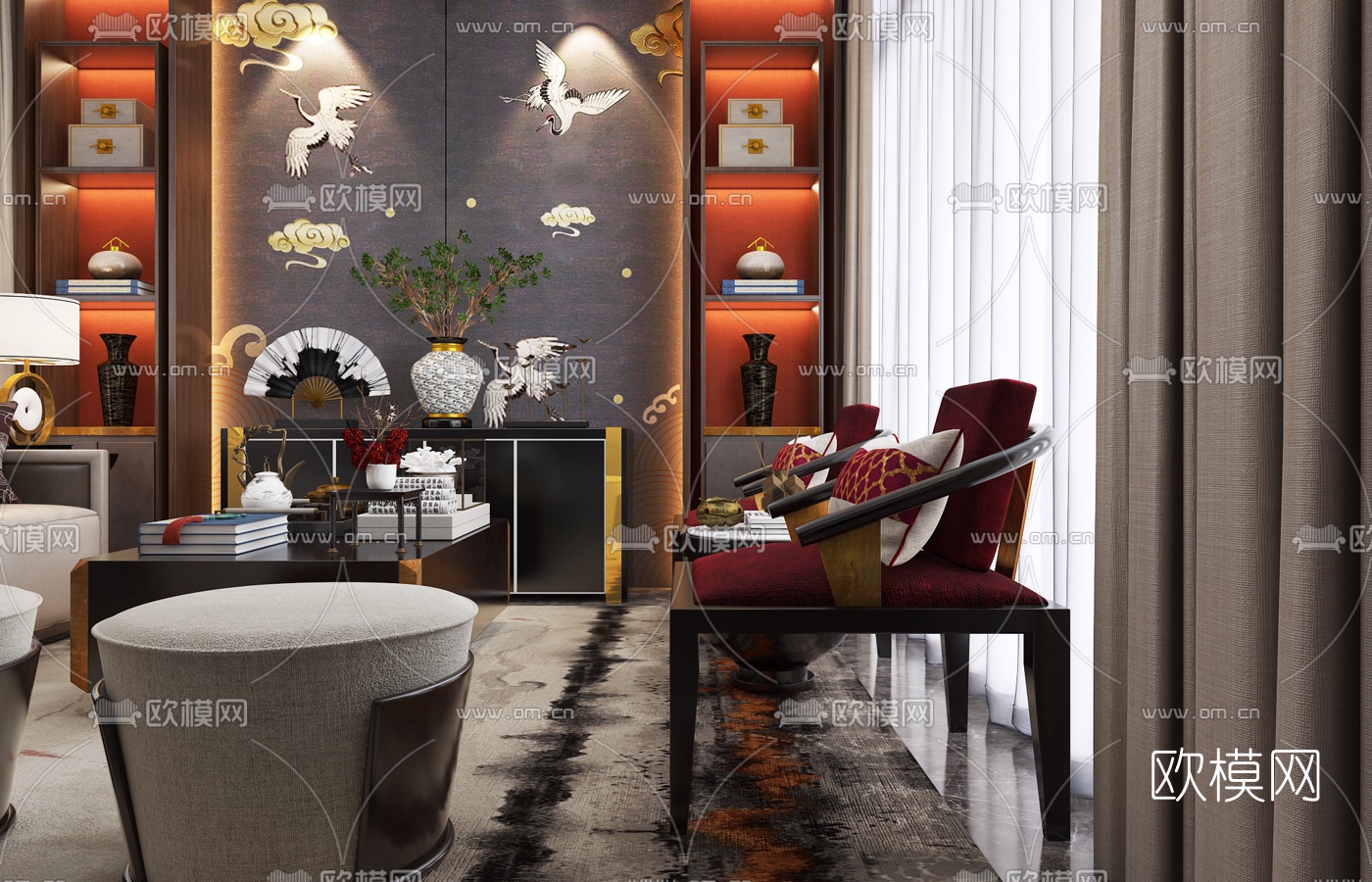 美致家居设计 新中式客厅3d模型下载（渲染图3）