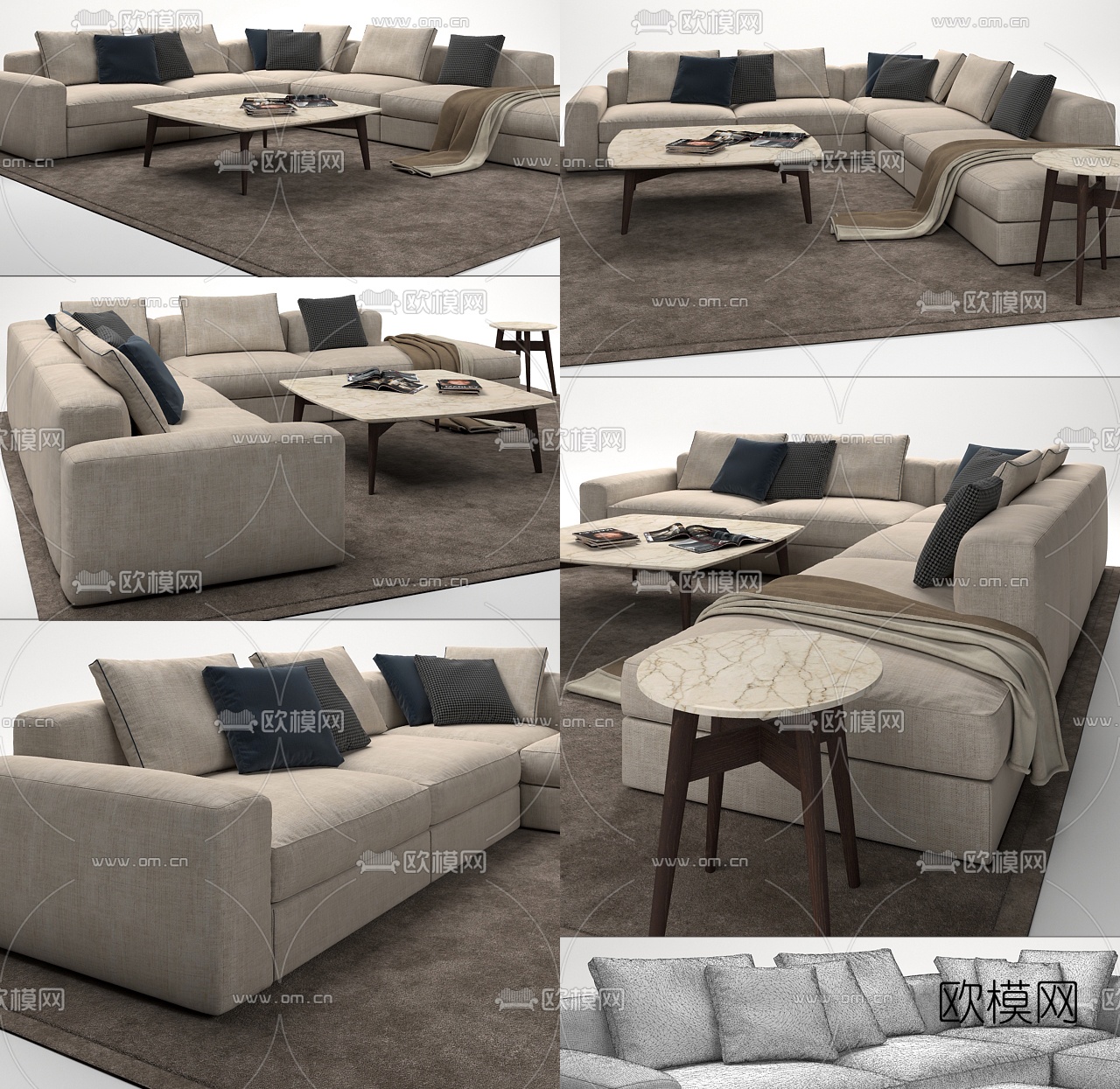 现代布艺转角多人沙发茶几3d模型下载