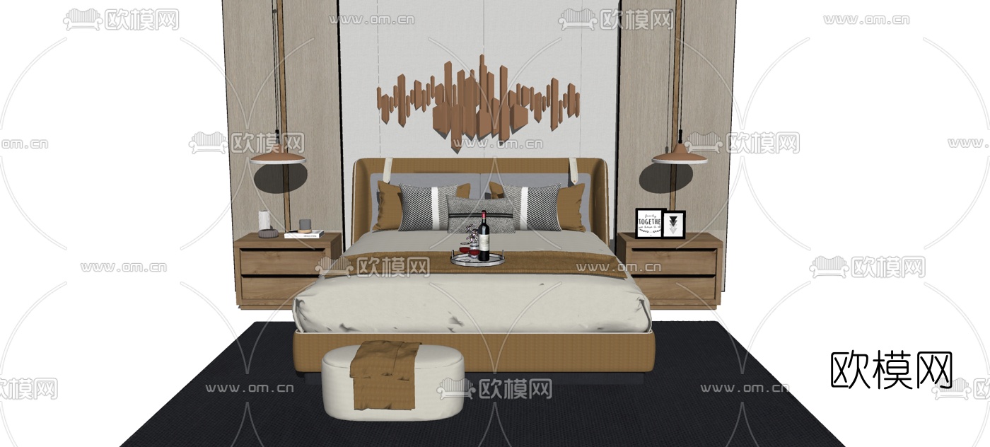 现代双人床组合su模型下载（渲染图1）