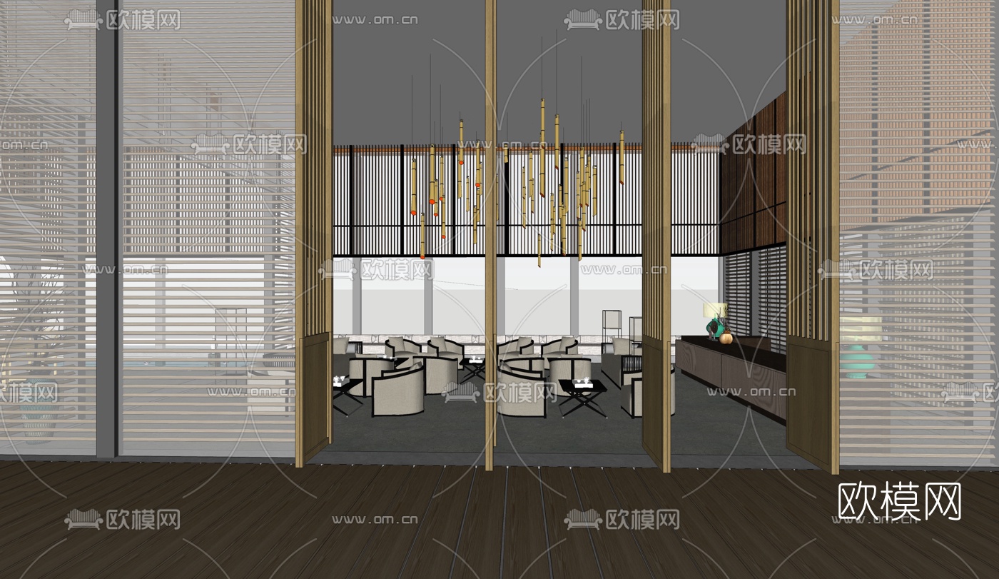 中式禅意会所大堂su模型下载（渲染图3）