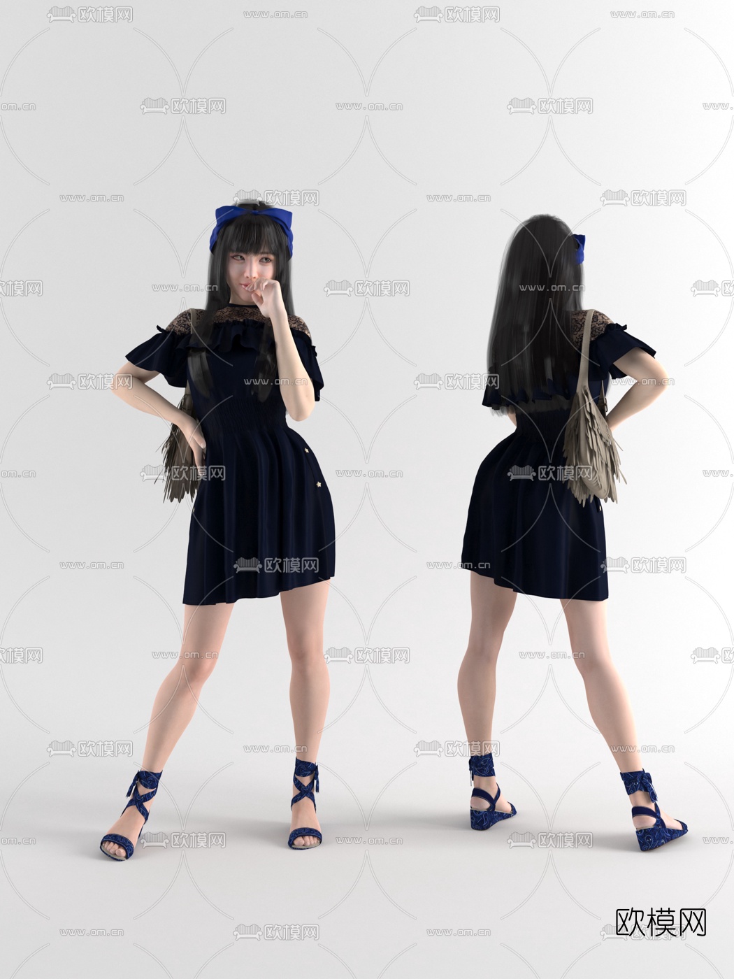 现代深蓝裙子美女3d模型下载
