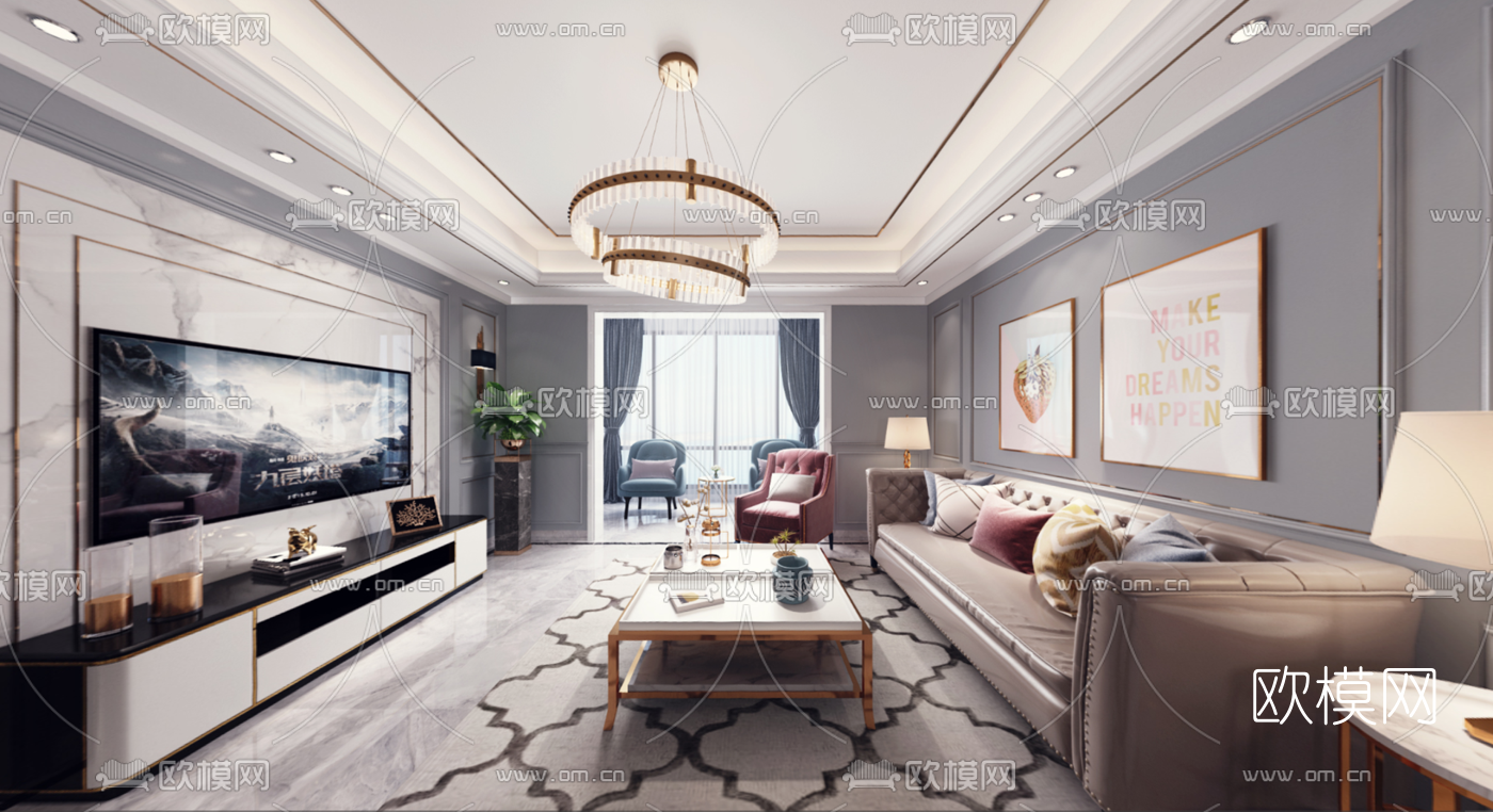 现代轻奢客厅餐厅全景3d模型下载_ID10631682_3dmax免费模型-欧模网