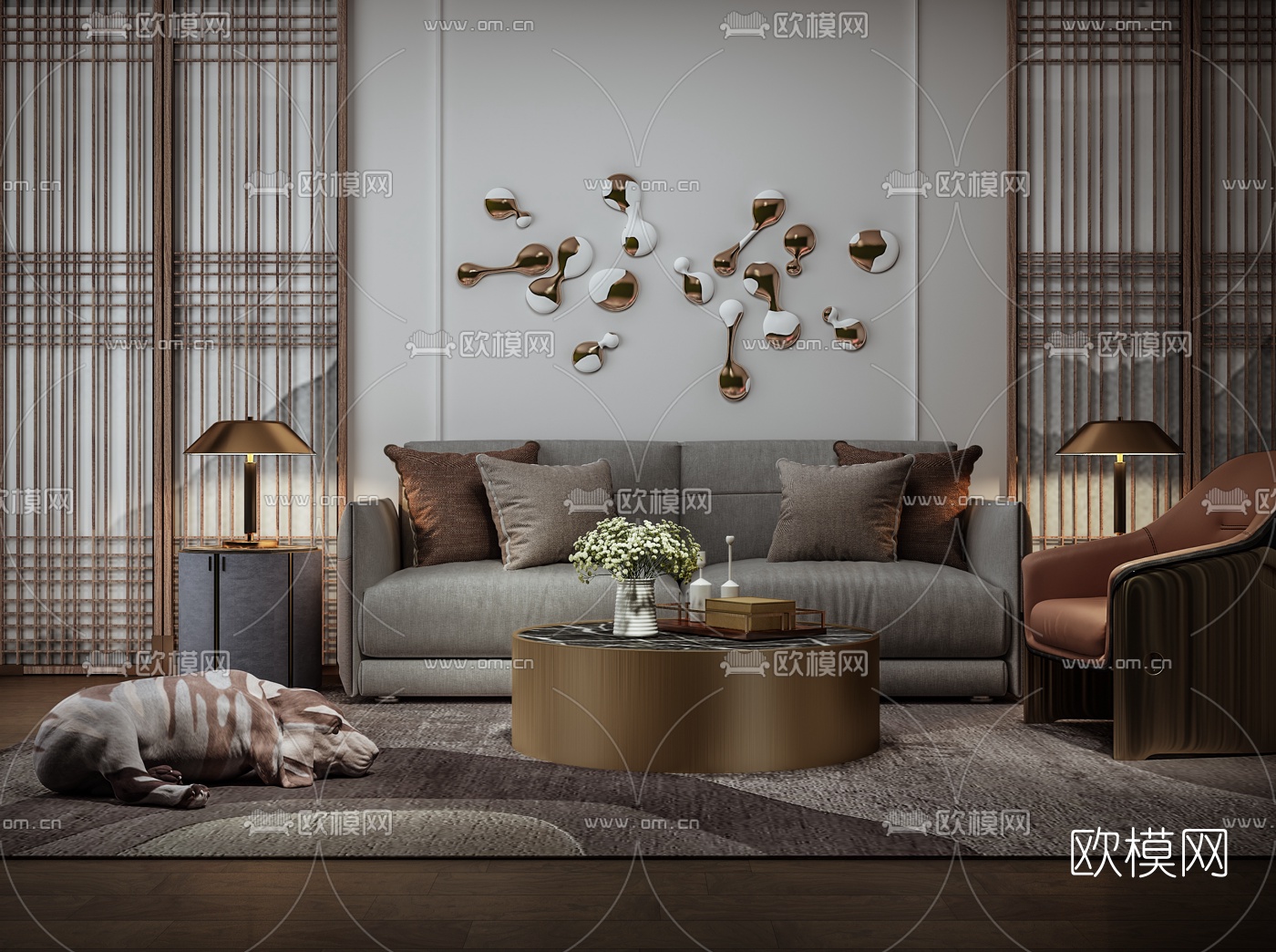 新中式沙发组合3d模型-免费3dmax模型库-欧模网
