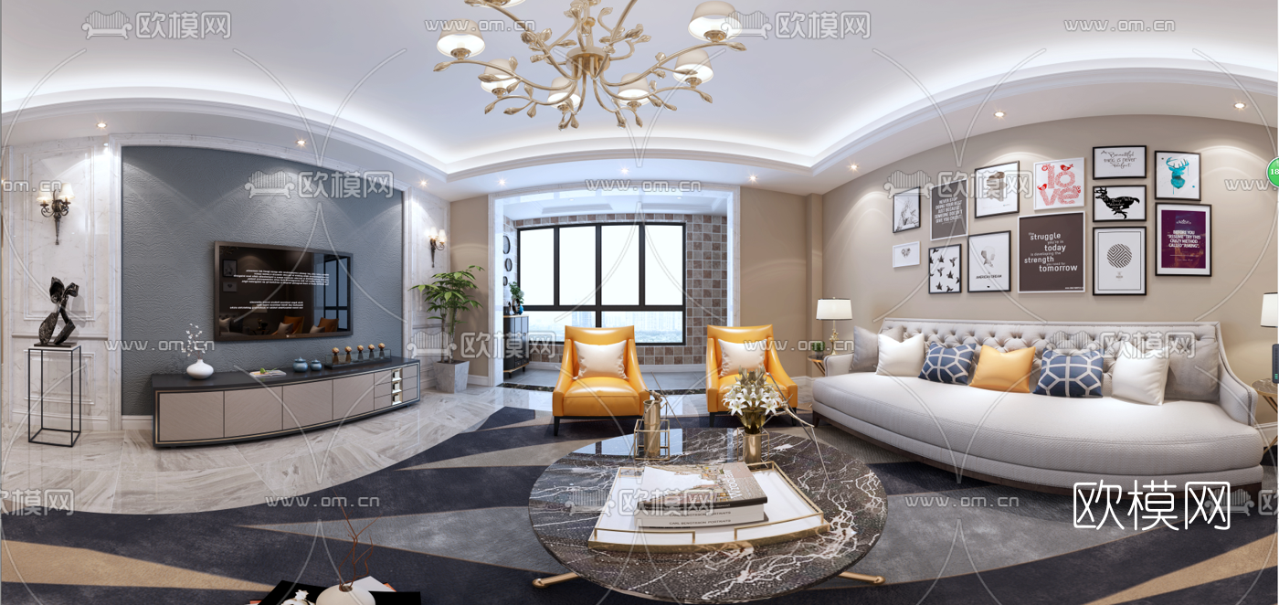 简欧客厅餐厅3D全景模型-免费3dmax模型库-欧模网
