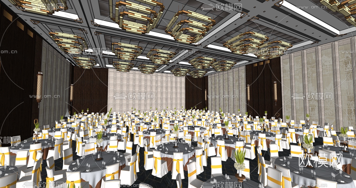 新中式宴会厅su模型下载（渲染图4）