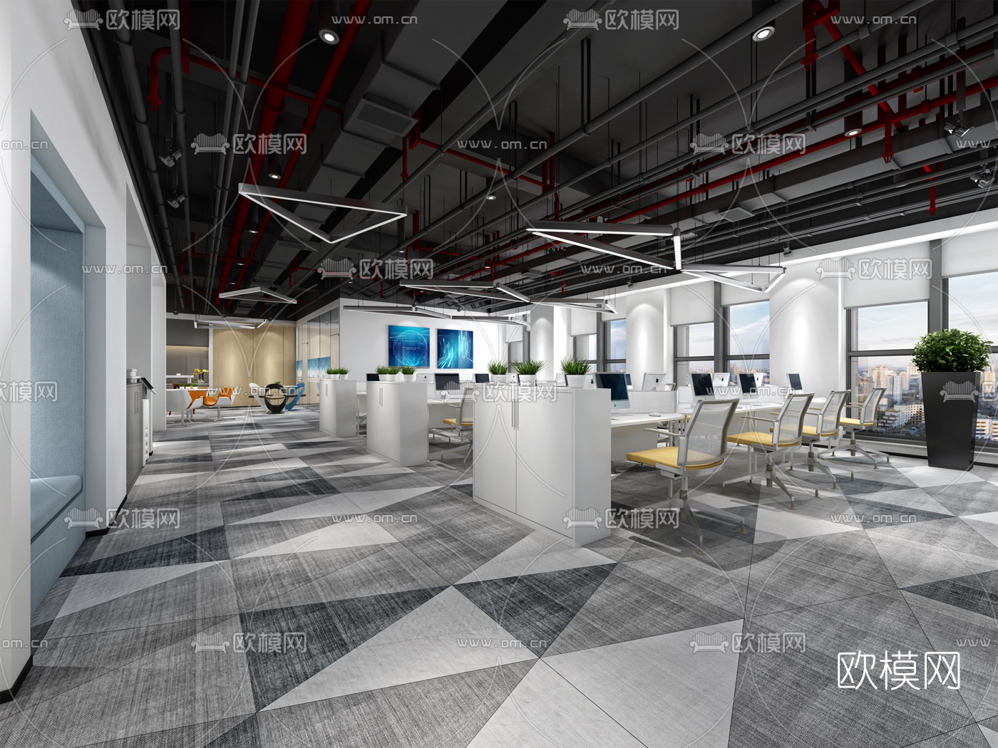 现代开敞式办公区3d模型