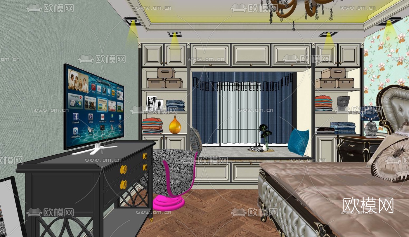欧式客餐厅su模型下载（渲染图1）
