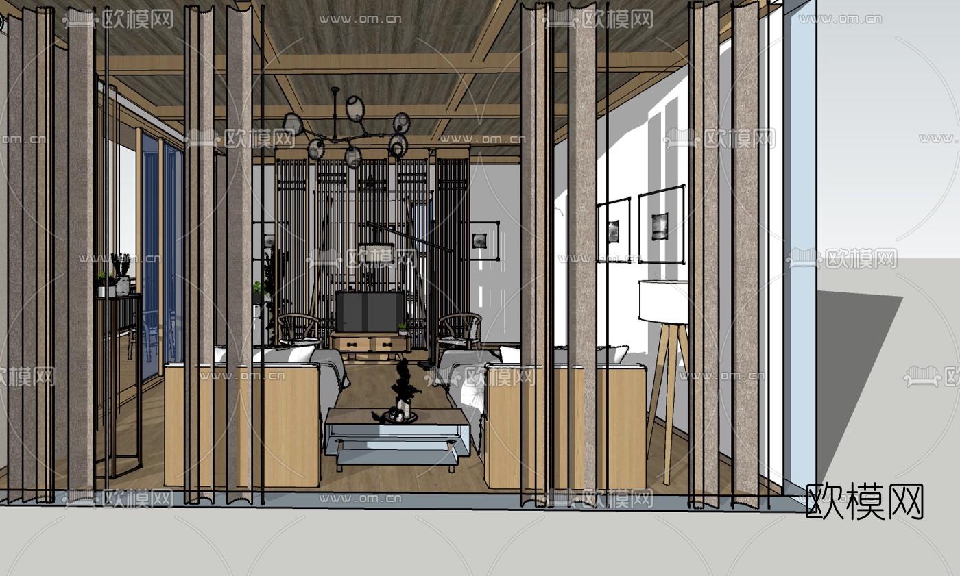 新中式民宿客房双人房su模型下载（渲染图3）