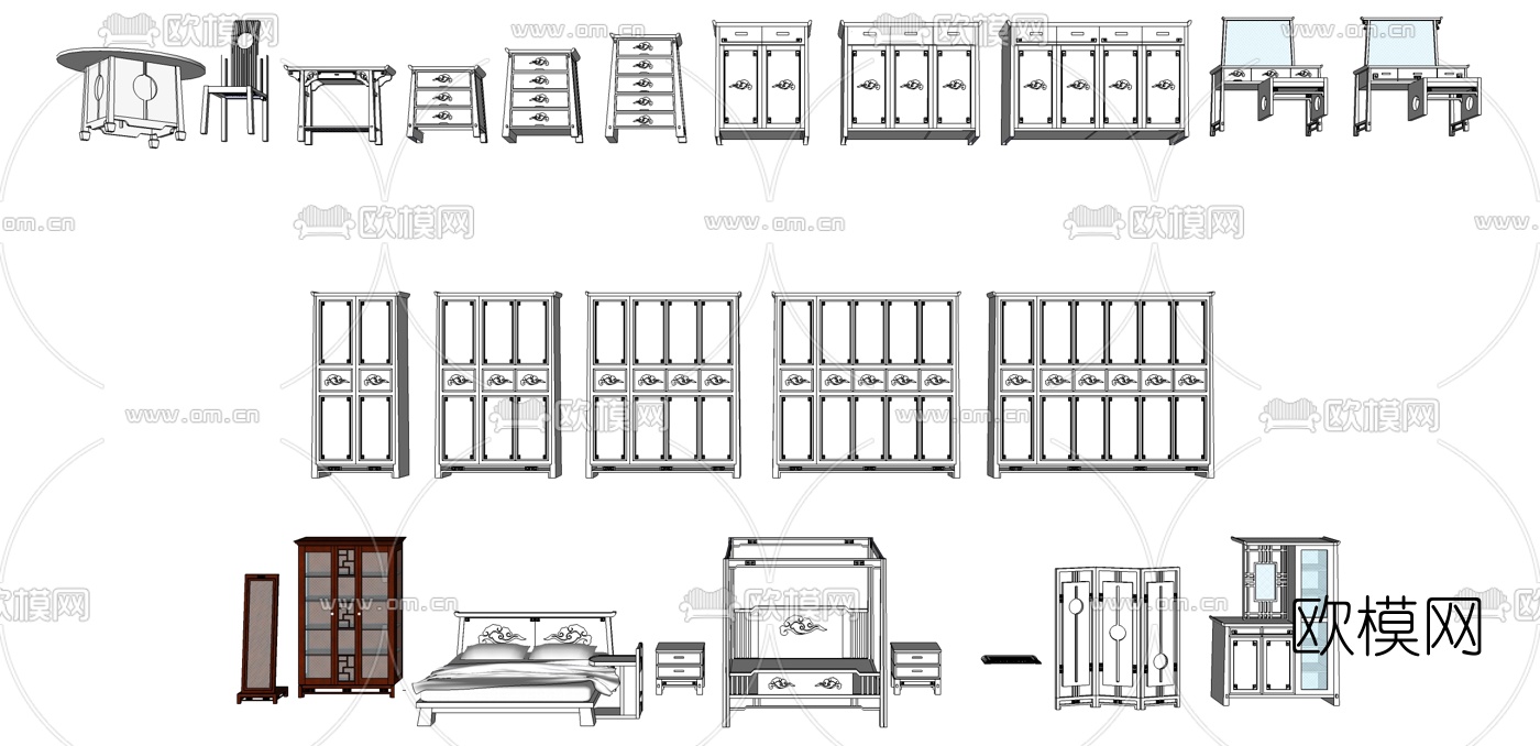 中式梳妆台衣柜组合su模型下载（渲染图1）