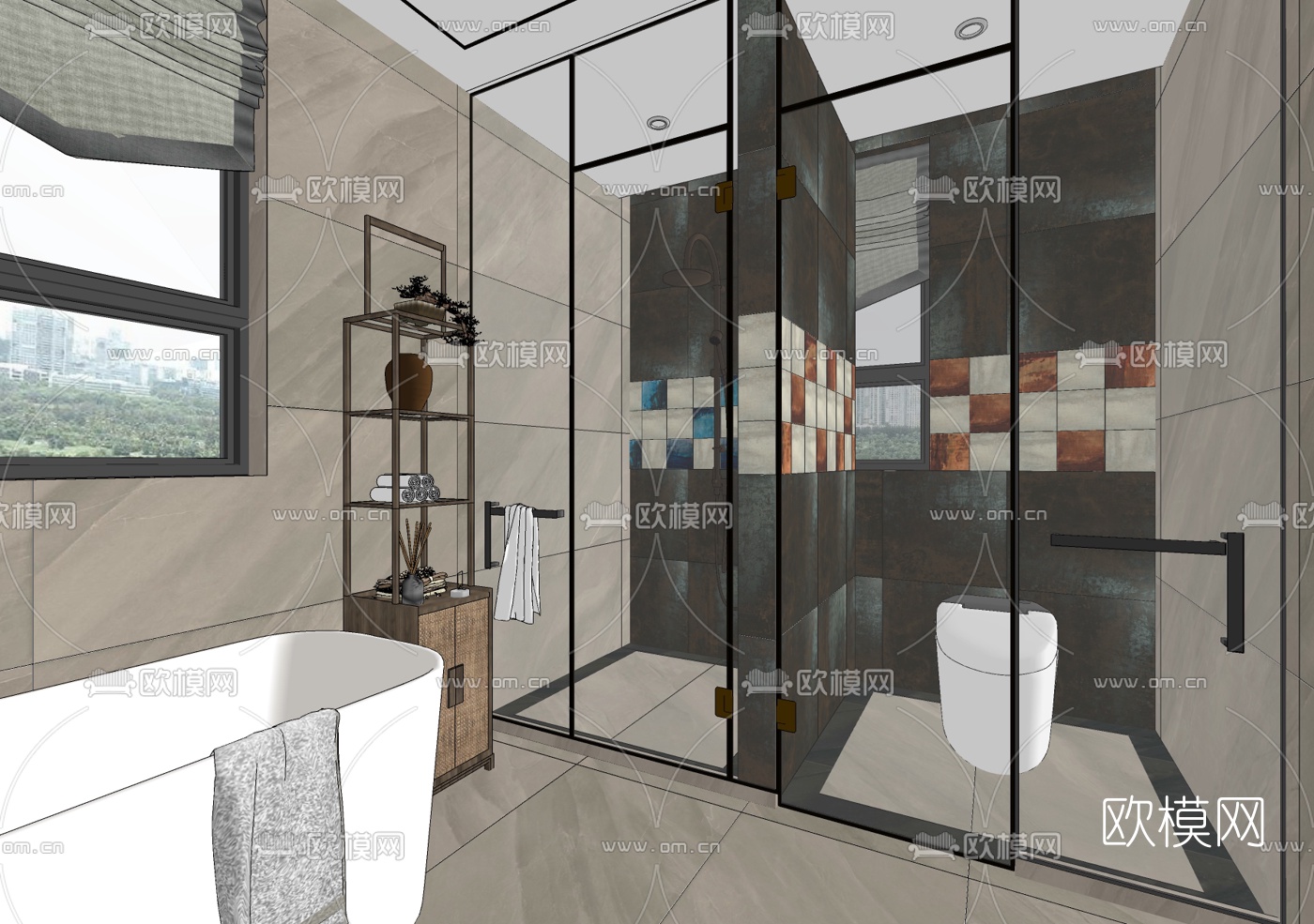 新中式浴室卫生间su模型下载（渲染图2）