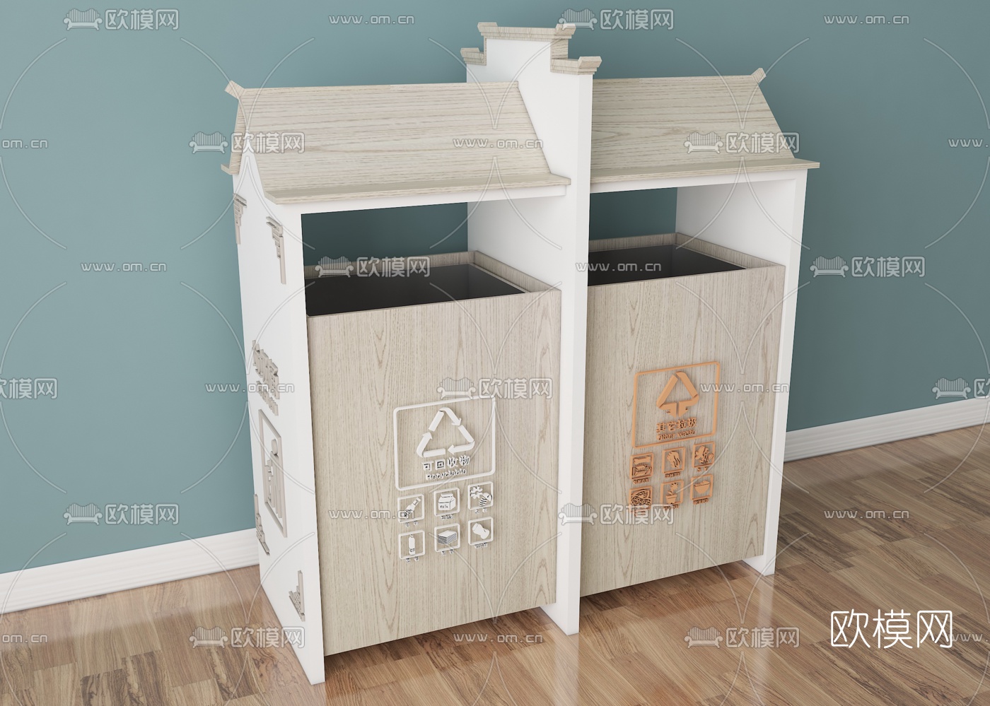 新中式实木公共垃圾桶组合3d模型下载（渲染图2）