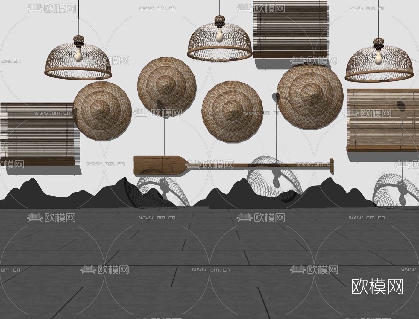 新中式藤编吊灯草帽挂件su模型下载