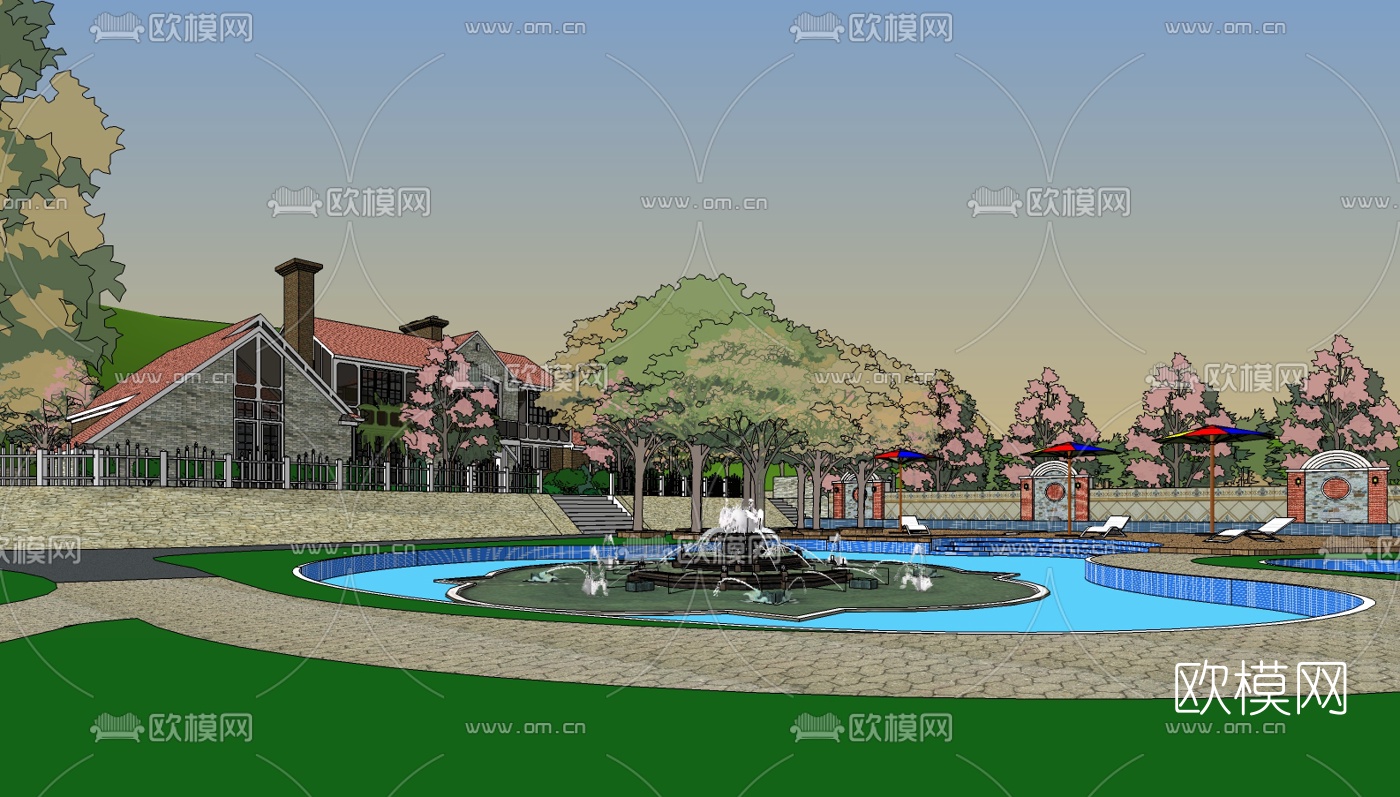 美式独栋别墅su模型下载（渲染图2）