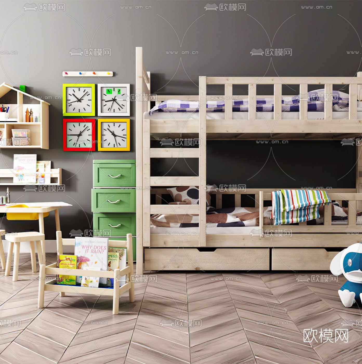 现代实木儿童上下床3d模型下载