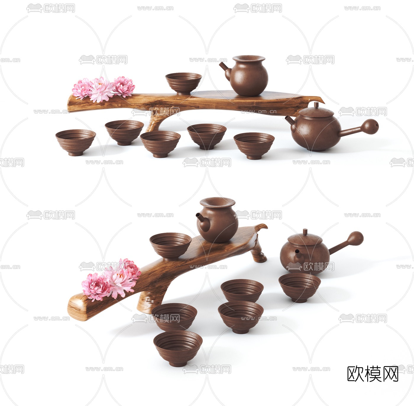 新中式木根茶具3d模型下载