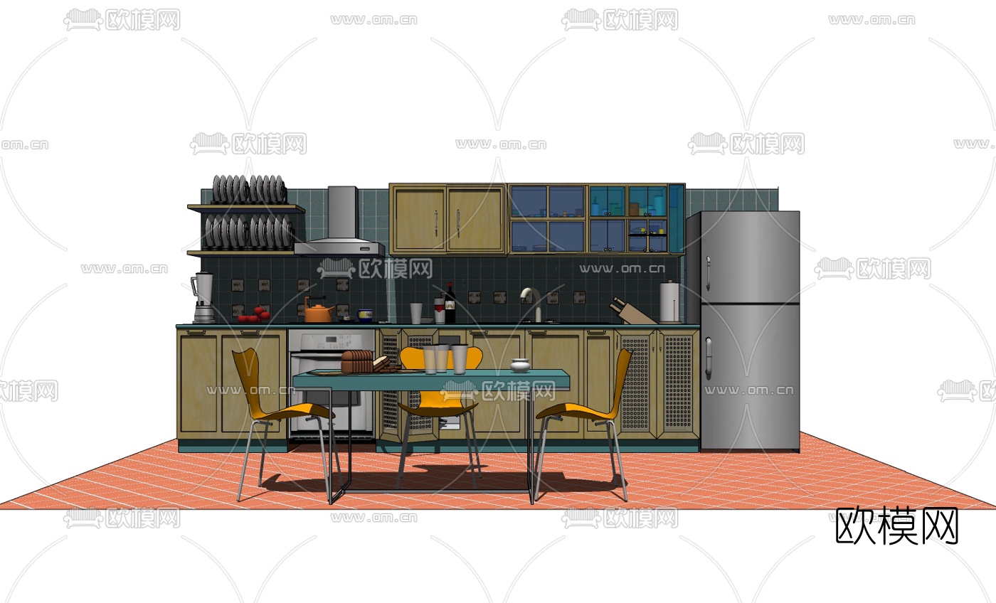 现代橱柜餐桌椅su模型下载（渲染图3）