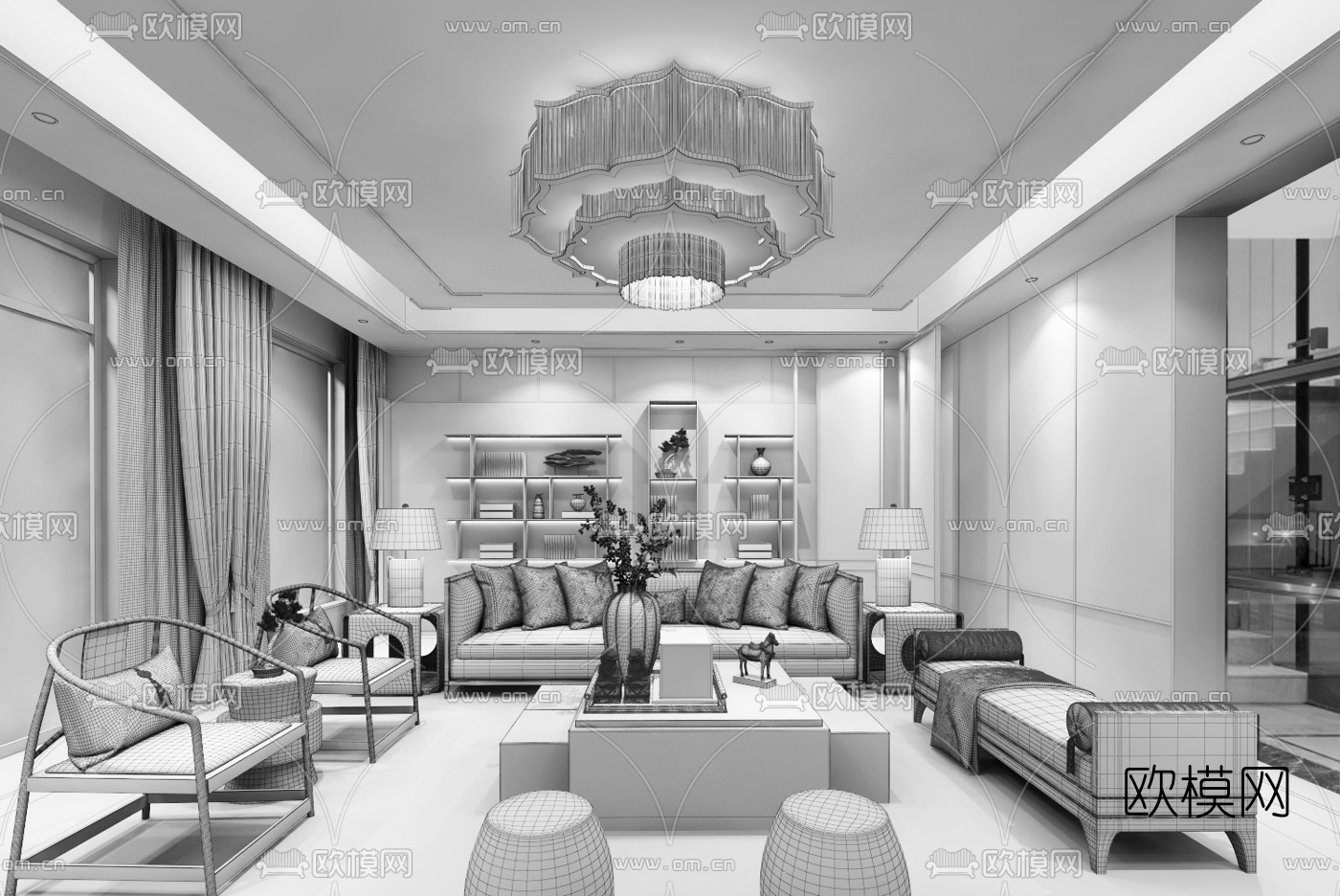 岳蒙设计 新中式客厅3d模型
