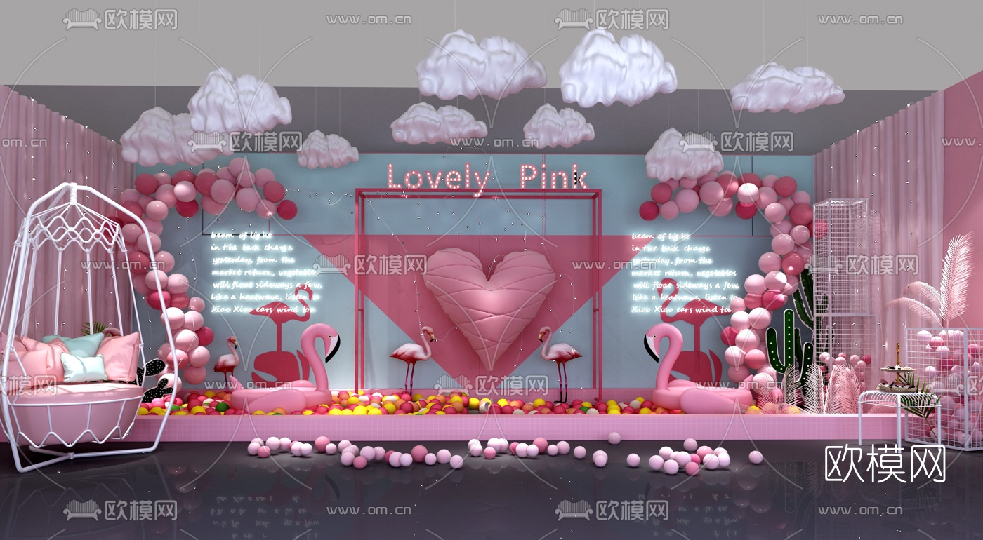 现代粉色网红婚庆背景墙饰3d模型