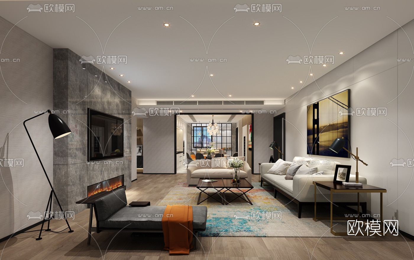 现代极简客厅餐厅组合3D模型
