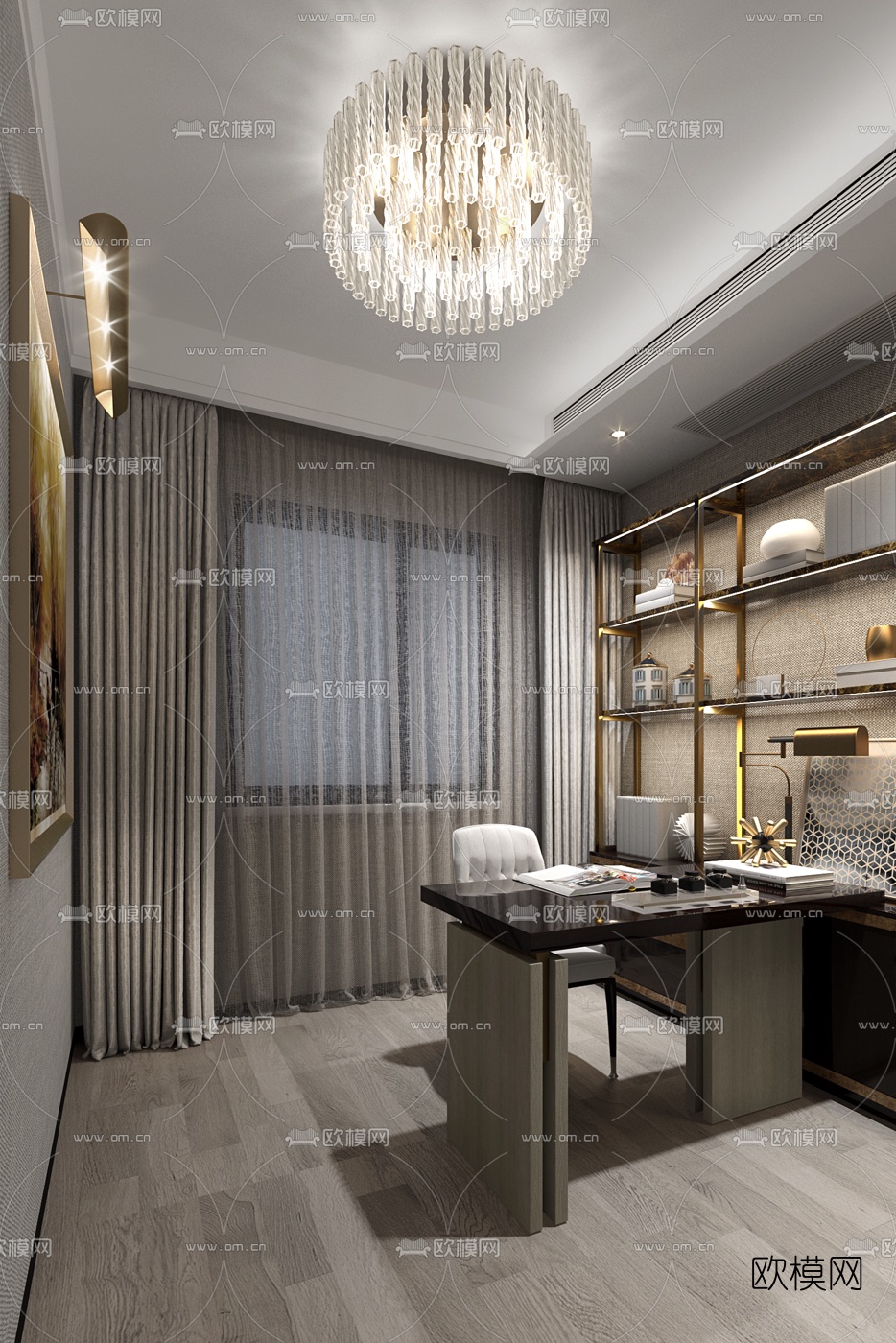 朴悦设计 现代轻奢书房3d模型下载