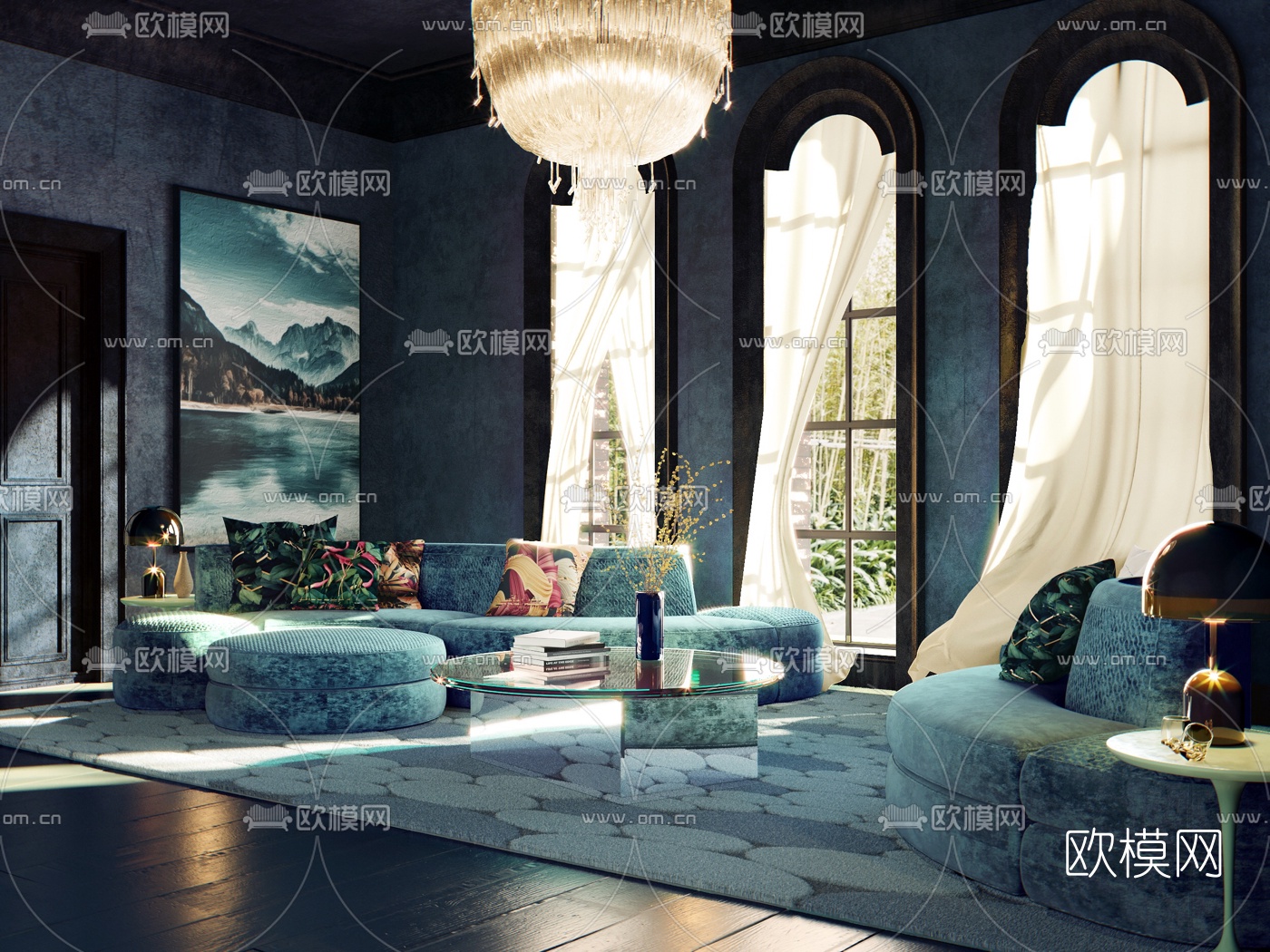 新古典蓝色客厅3d模型下载（渲染图1）