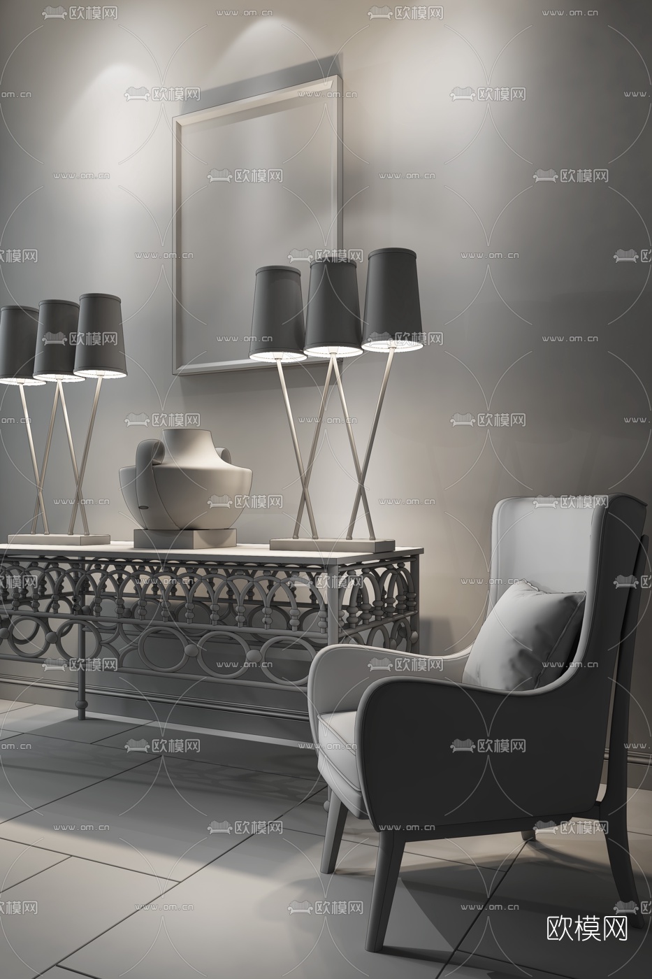 郑仕梁设计现代玄关柜3D模型下载（渲染图2）