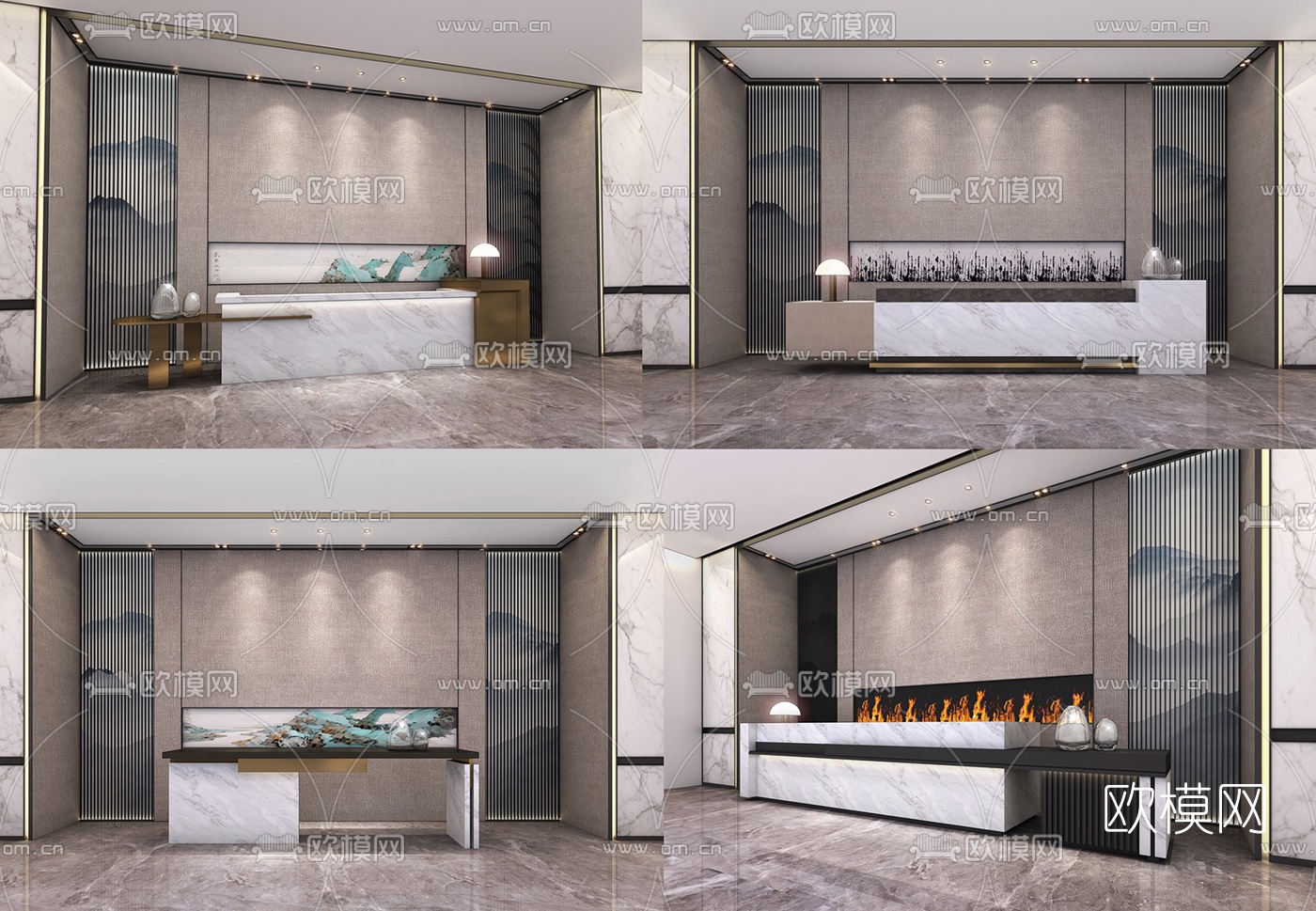 新中式办公前台组合3e模型-免费3dmax模型库-欧模网