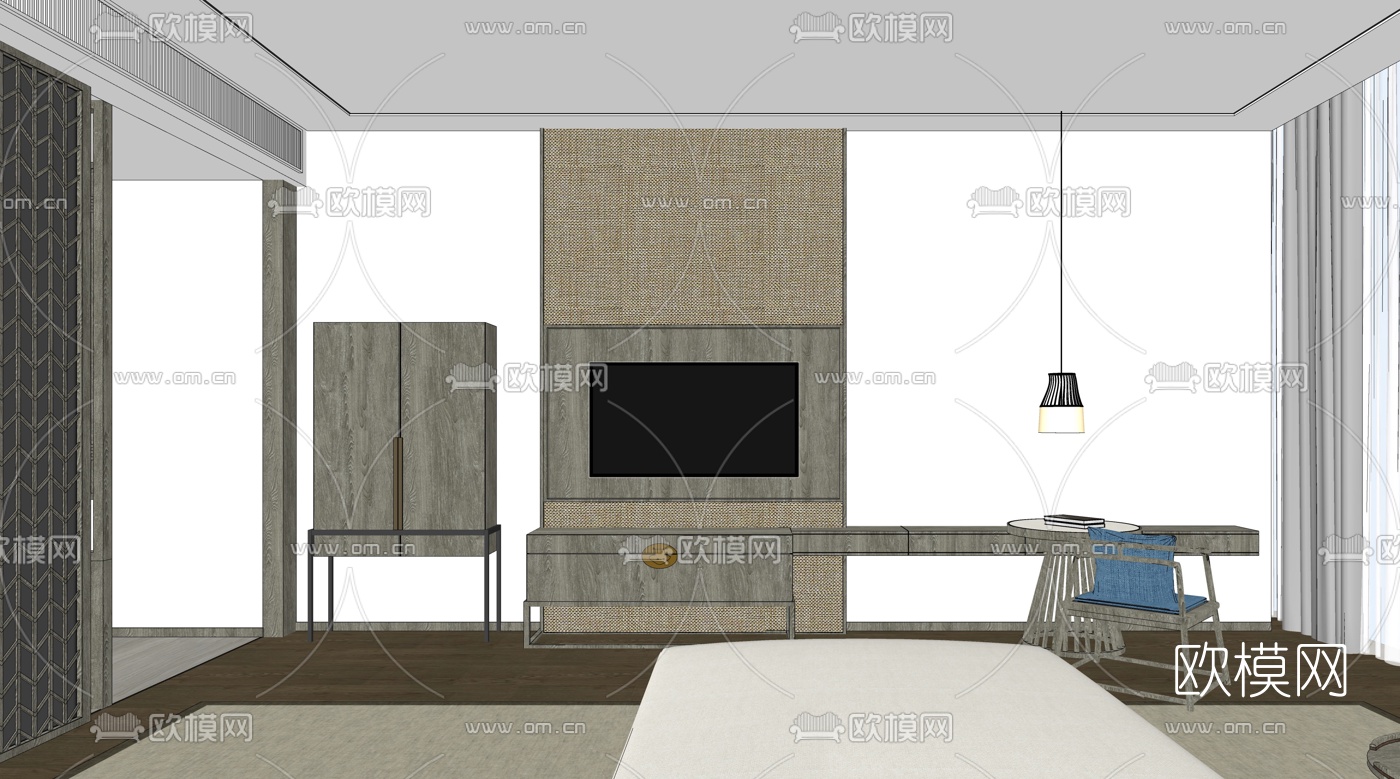 新中式酒店客房双人房su模型下载（渲染图3）