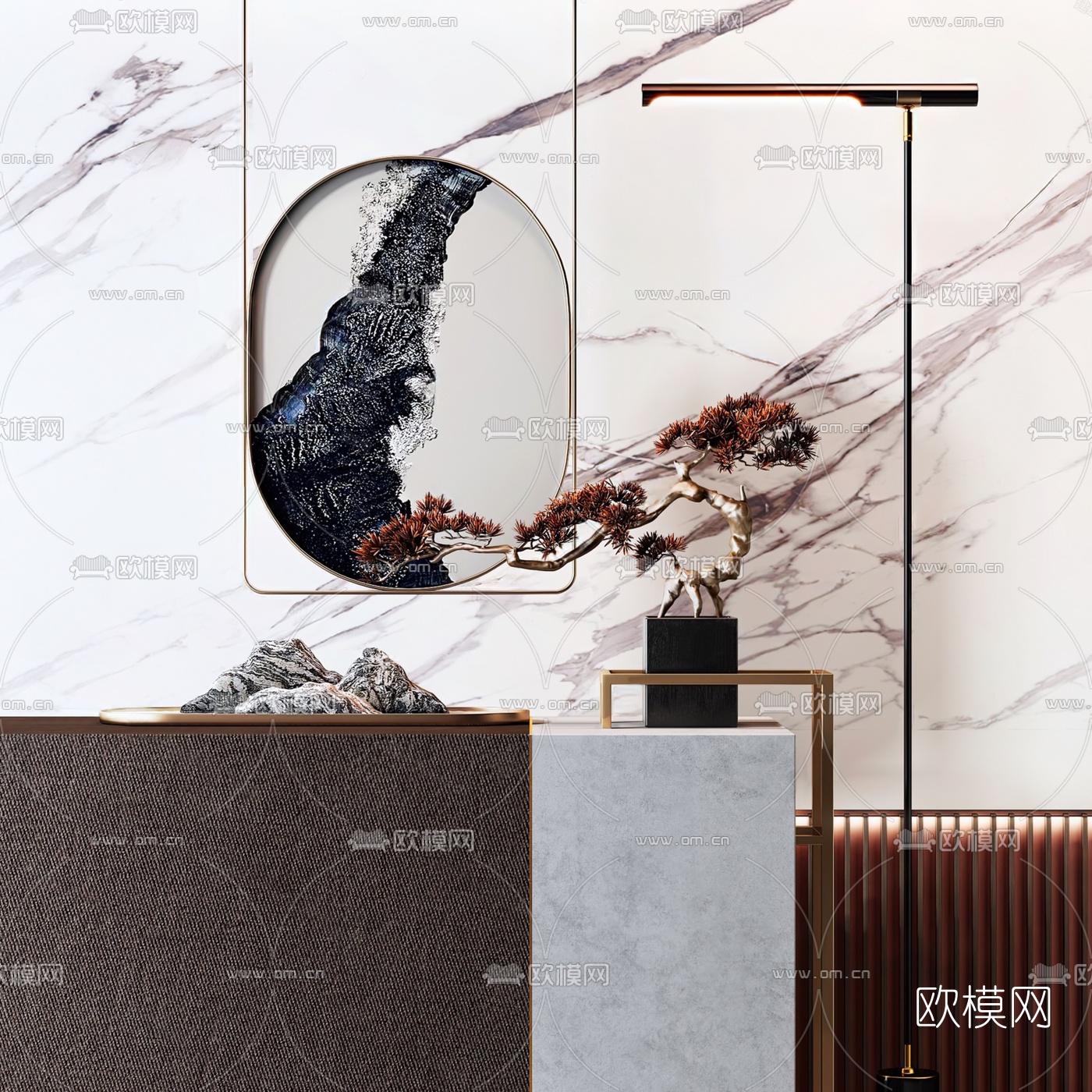 新中式松树盆景假山3d模型下载