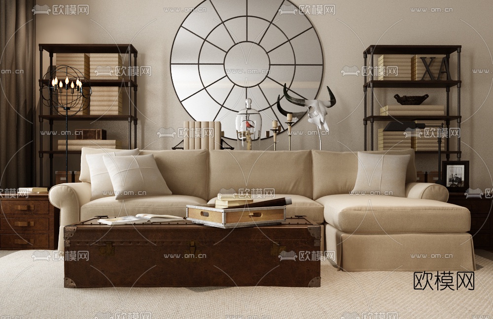 美式布艺转角沙发茶几博古架落地灯墙饰摆件3D模型下载