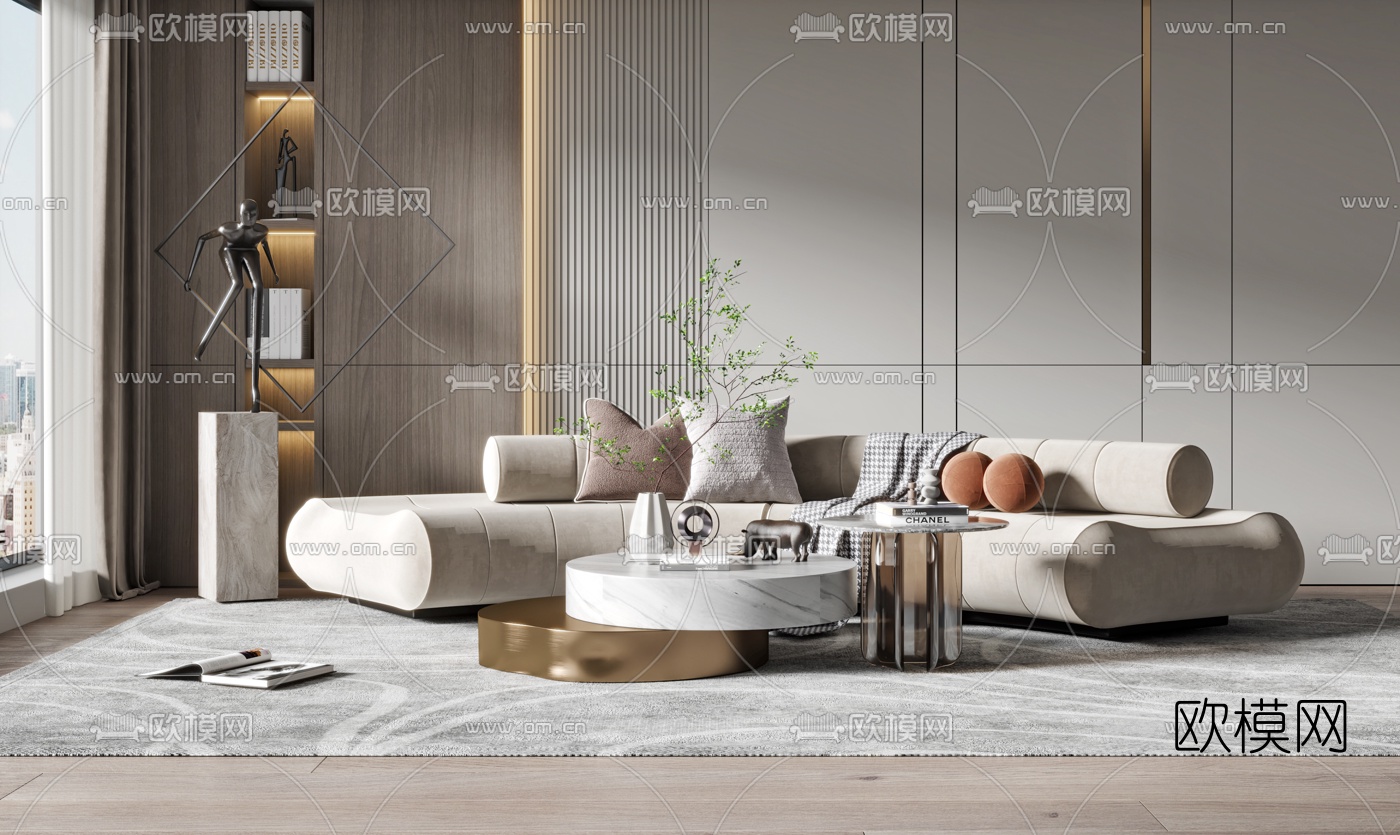 现代布艺弧形沙发3d模型下载