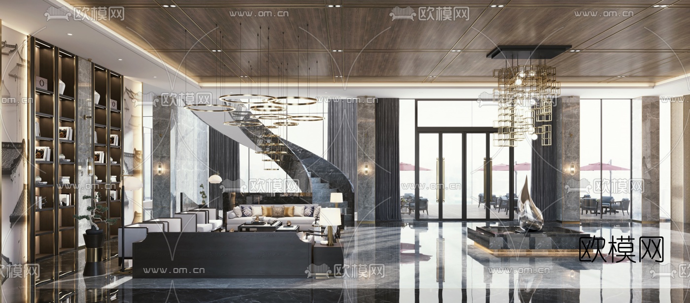 新中式酒店大堂休息大厅3d模型