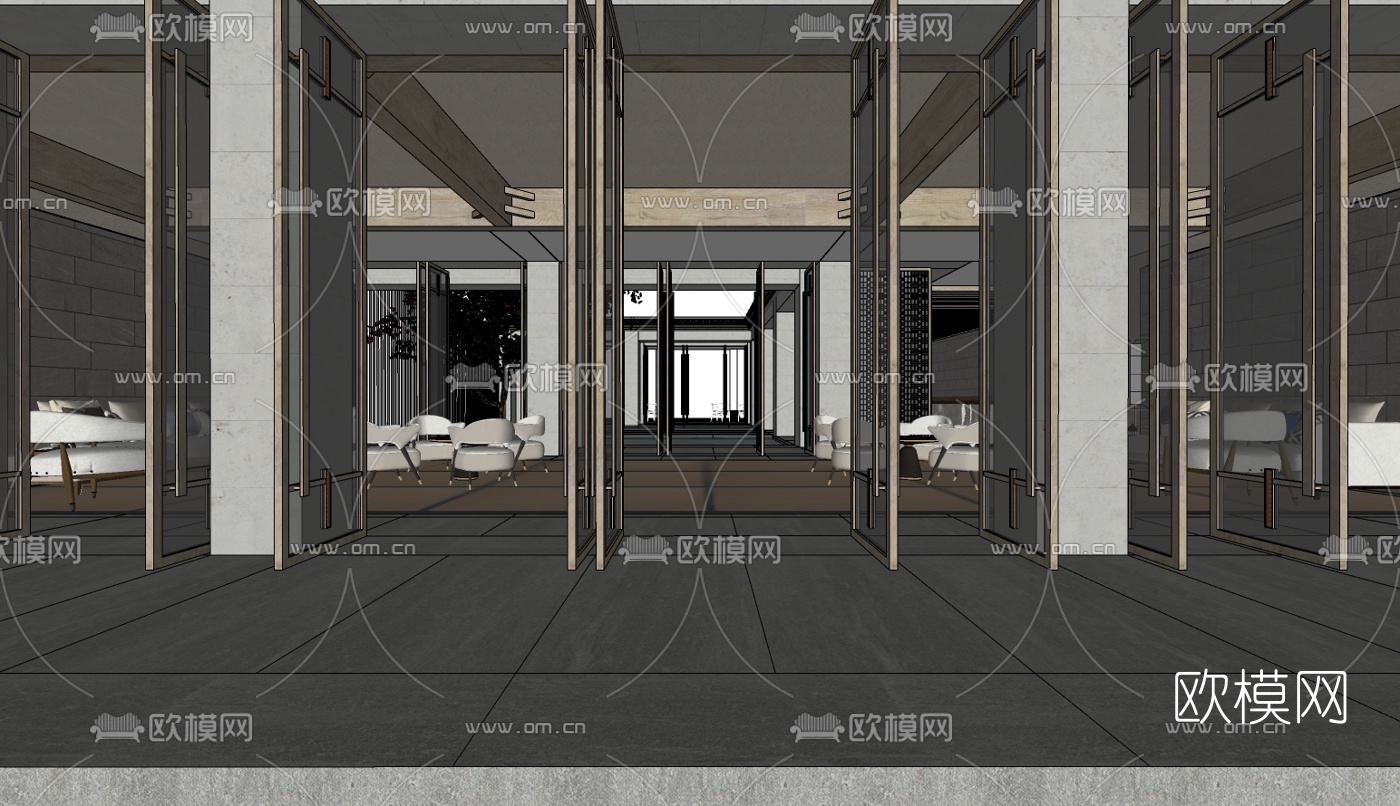 现代民宿酒店接待大堂su模型下载（渲染图2）