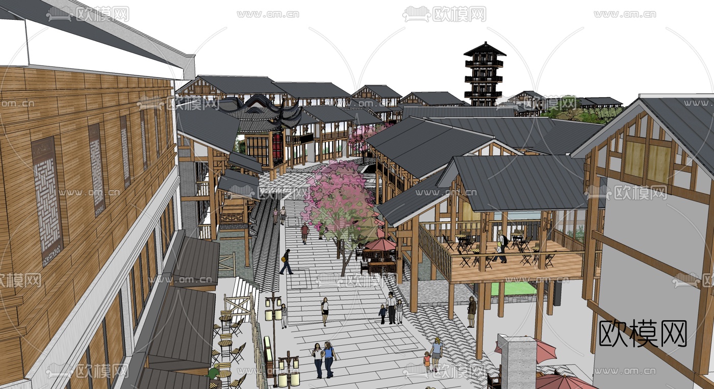 中式民俗商业街设计su模型下载（渲染图4）