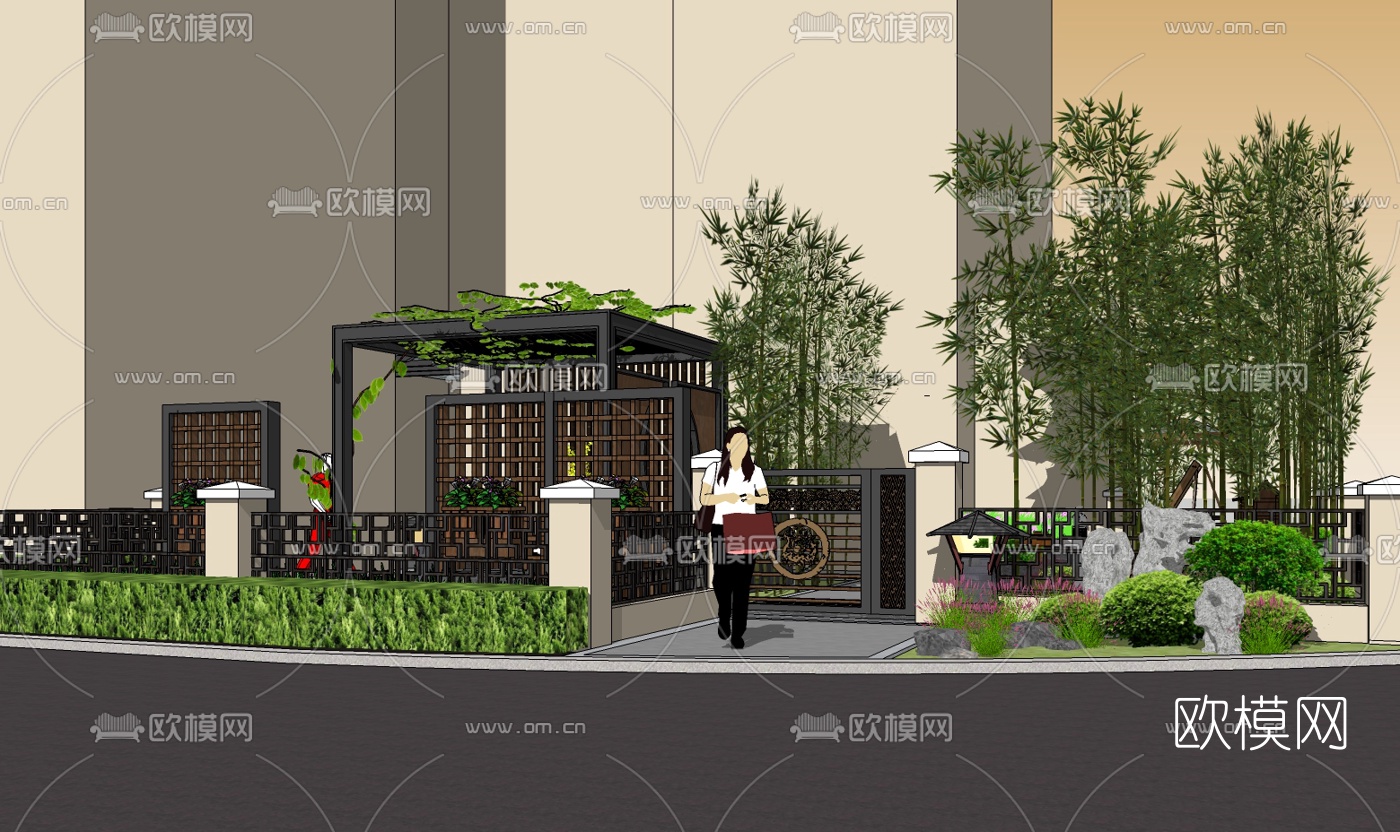 中式园林景观su模型下载（渲染图1）