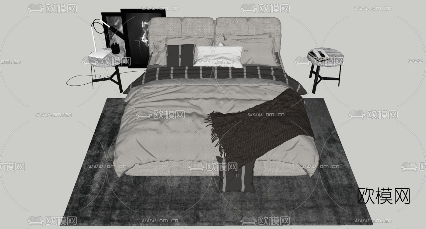现代布艺双人床su模型下载（渲染图3）