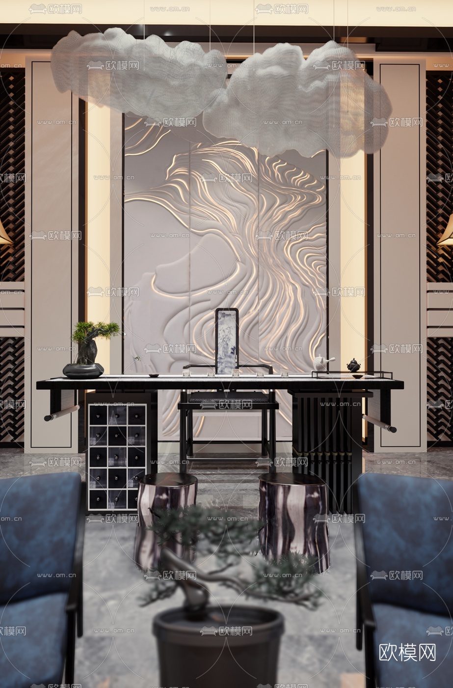 纳沃设计 中式泡茶桌椅组合3D模型下载（渲染图1）