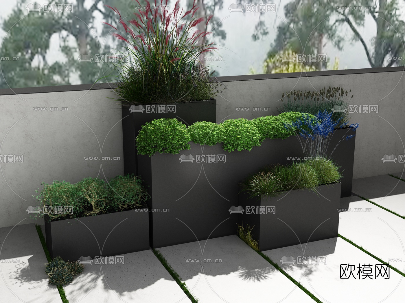 现代户外椅遮阳伞盆栽组合3D模型下载（渲染图3）