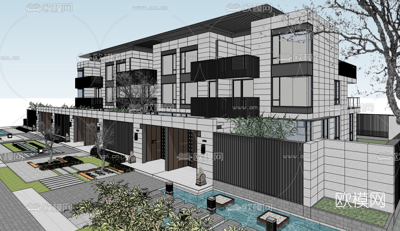 新中式连排别墅免费su模型下载（渲染图3）