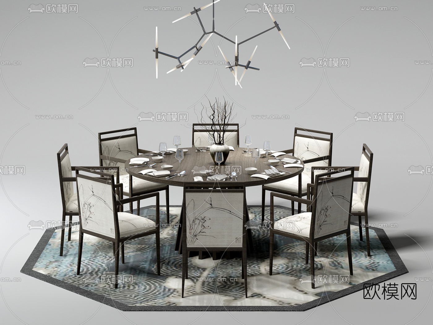 新中式餐桌椅餐具吊灯组合3D模型-免费3dmax模型库-欧模网