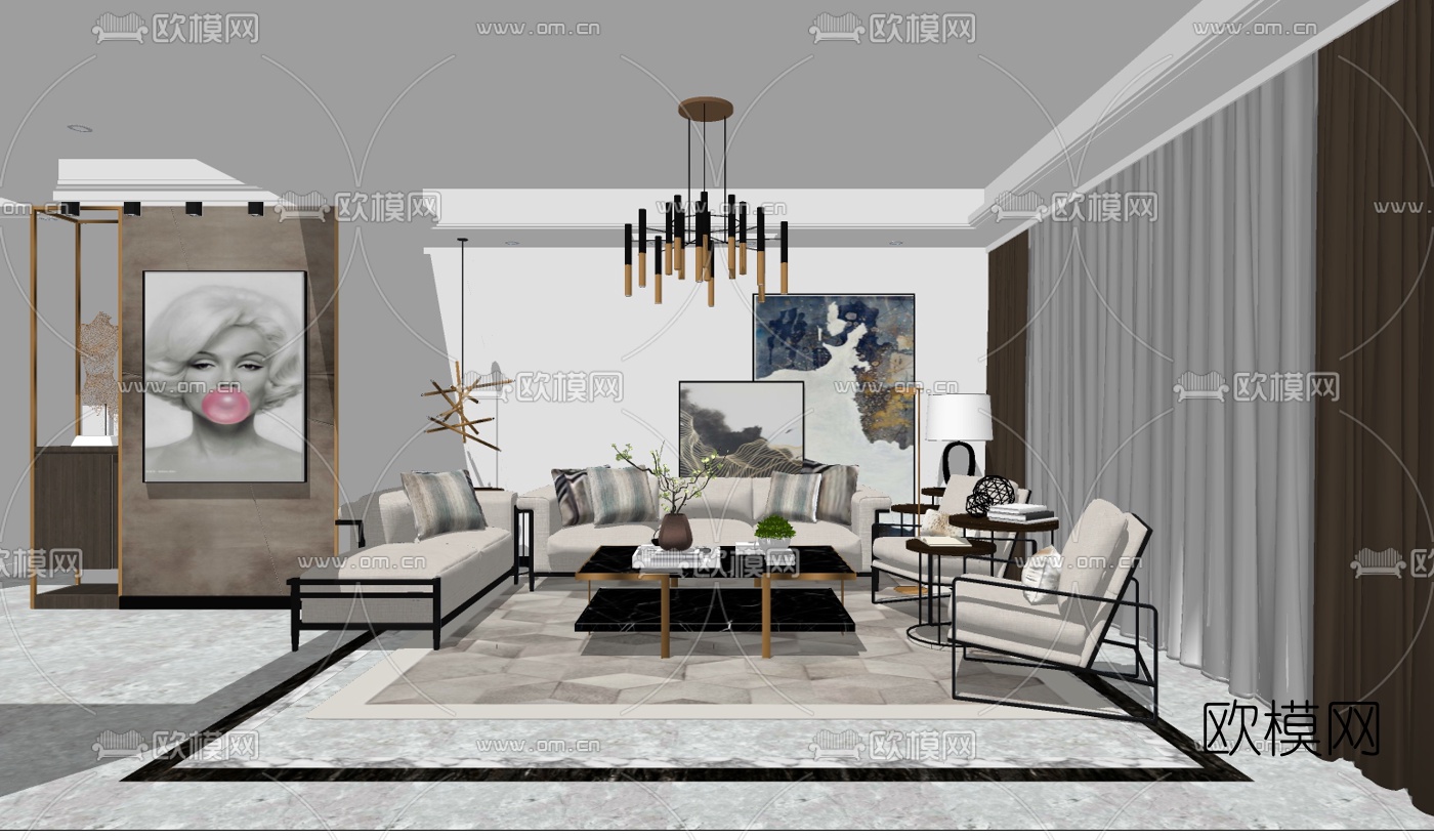 现代轻奢客餐厅su模型下载（渲染图1）