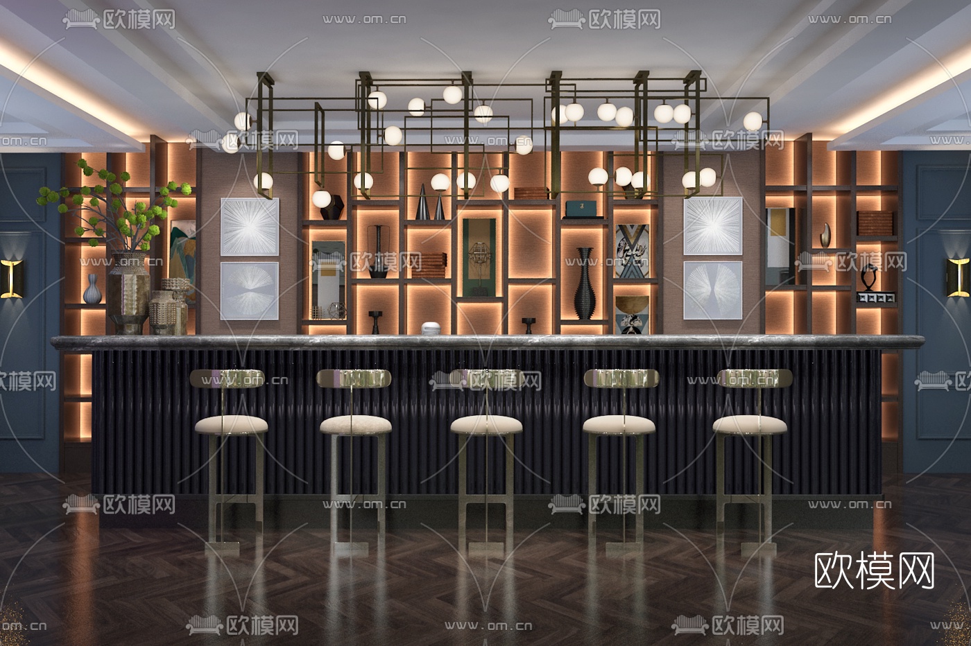 布鲁盟现代吧台吊灯组合3D模型下载（渲染图1）
