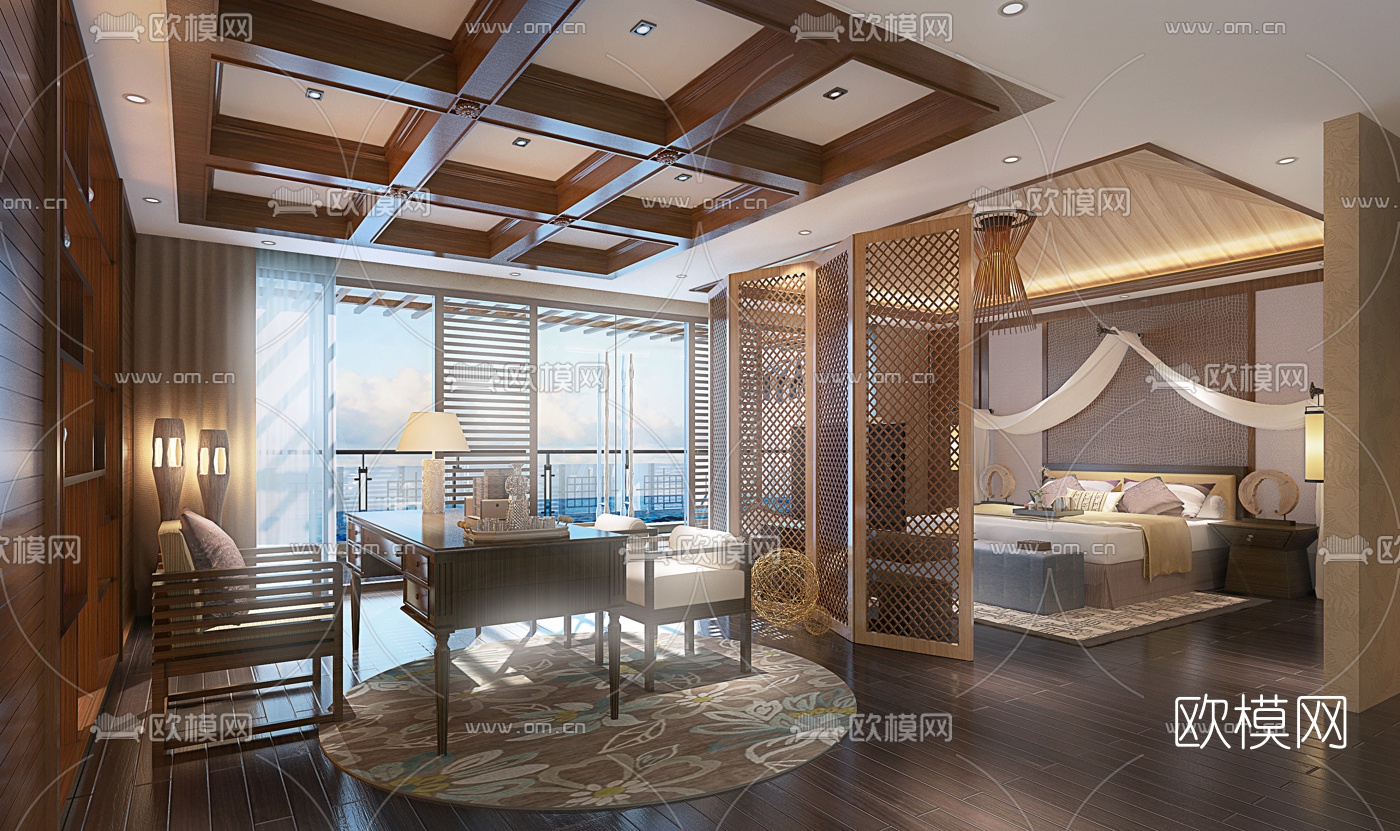 东南亚休闲度假别墅主卧3D模型下载