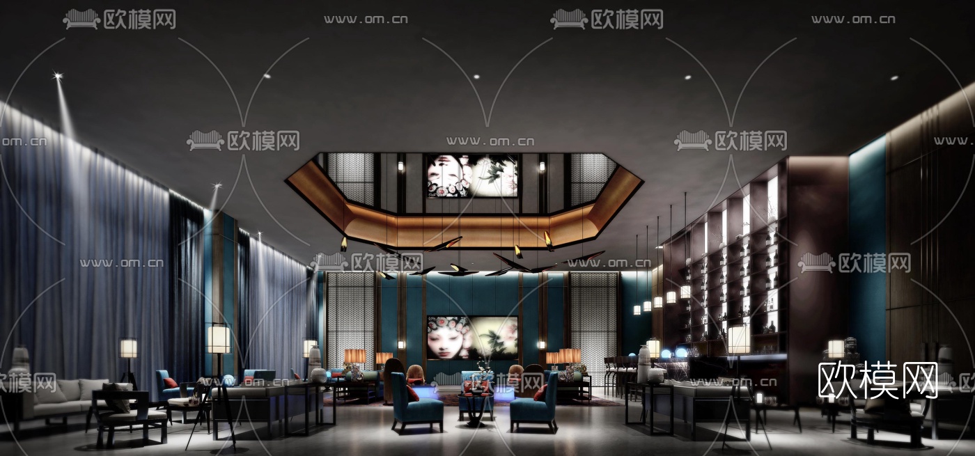 新中式会所大堂吧3D模型