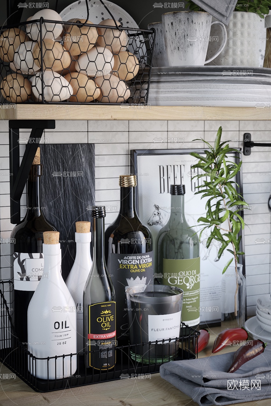 现代厨具餐具调料瓶食物组合3d模型下载（渲染图4）