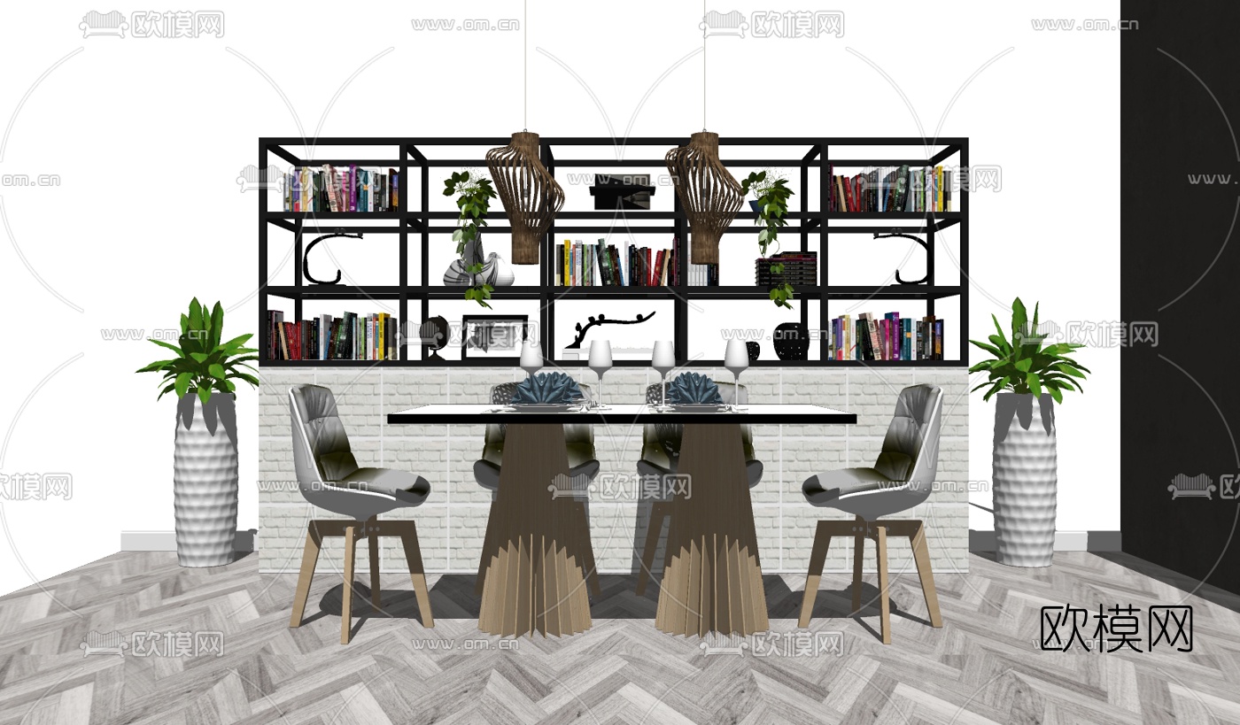 现代实木餐桌椅su模型下载（渲染图2）